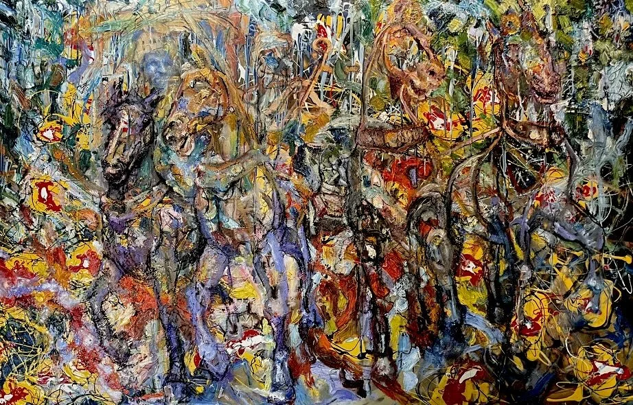   Lord Krishna revealed to Arjuna (2017)  Oil and gloss house paint on canvas 39" x 59"   $4800   