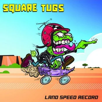 Cartoon zombie driving a go-kart with a small zombie on its shoulder, set in a desert landscape with a blue sky. The text reads 'Square Tugs' and 'Land Speed Record'.