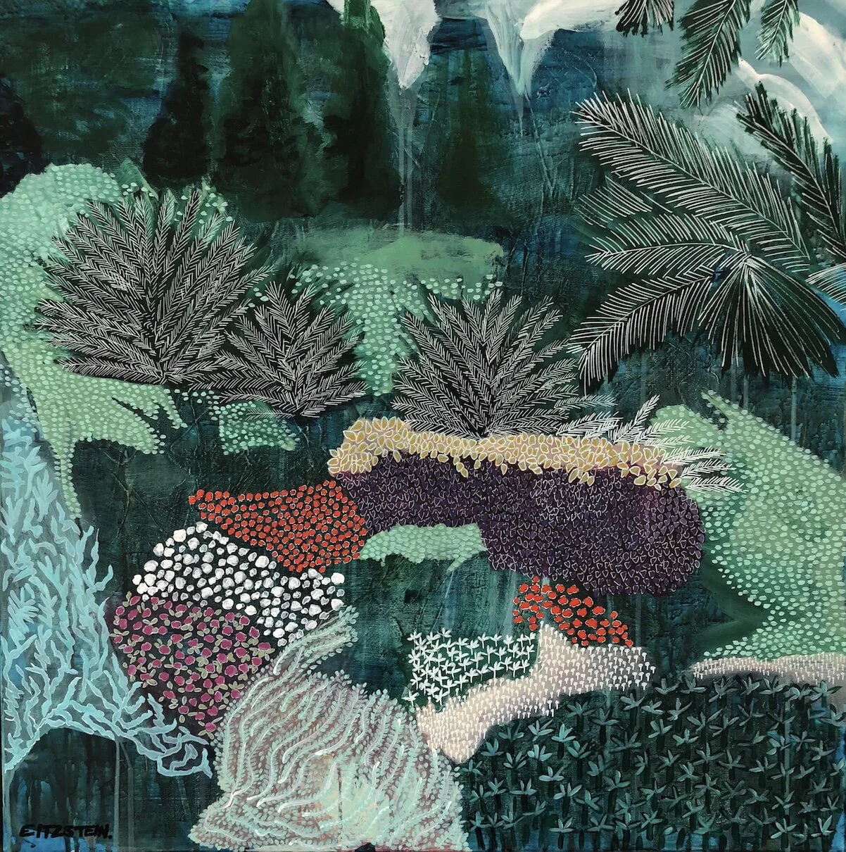 INTO THE WOLF’S MOUTH Acrylic on linen, framed in raw oak, 76cm x 76cm