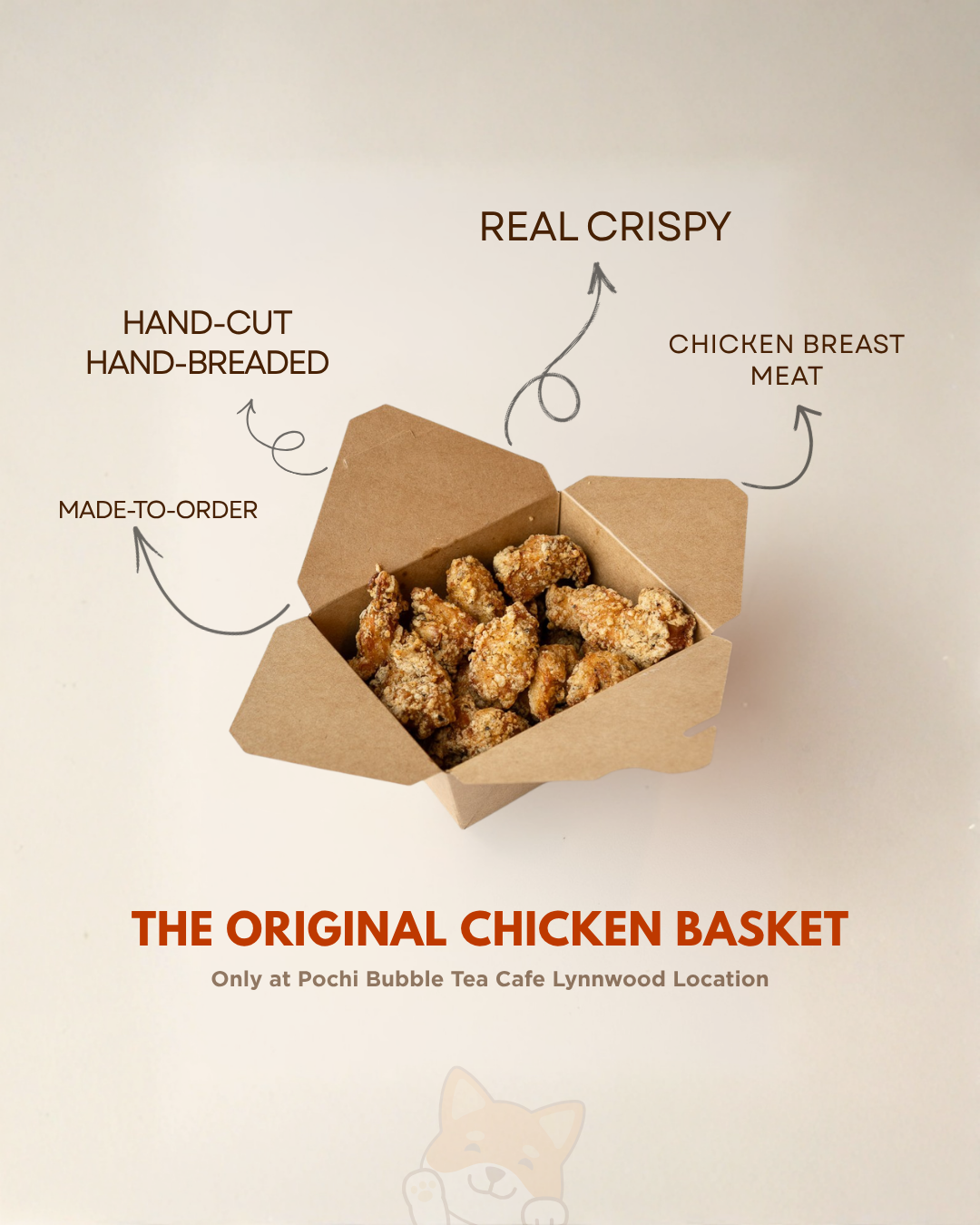 pochi original chicken basket with text featuring unique qualities of the chicken