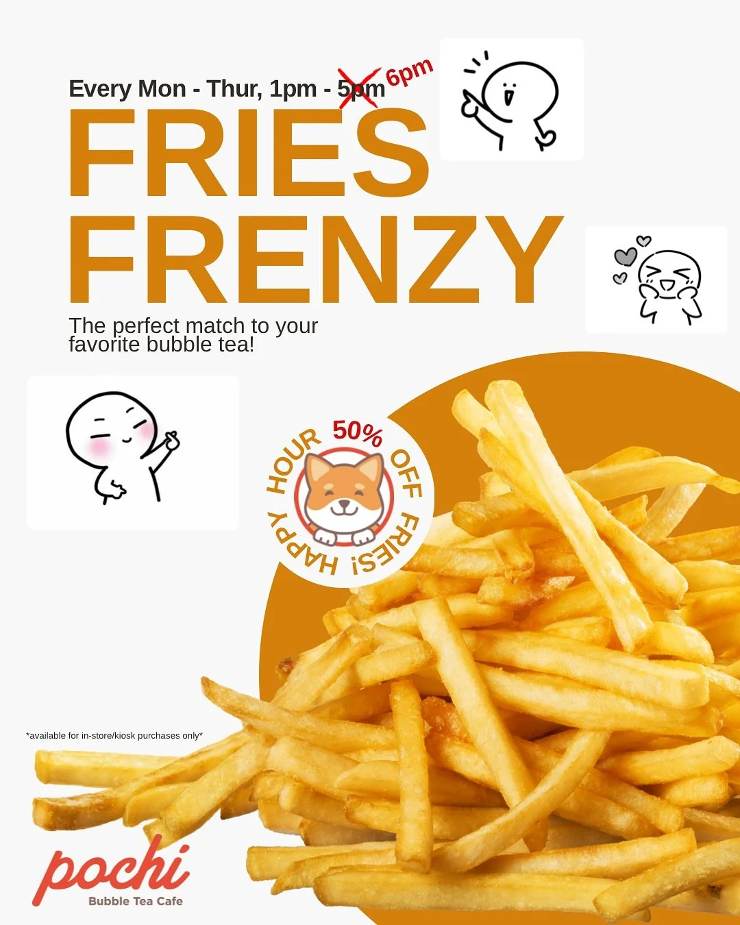 Happy Hour ‼️UPDATE‼️

From now on #happyhour for #halfoff on #fries goes until 6pm!😆

We wanted to give a bit more time for anyone stuck in traffic🚗🚙🚗🚗🚙🚓

Happy Hour at our 📍Lynnwood location is available Monday to Thursday, starting at 1pm 