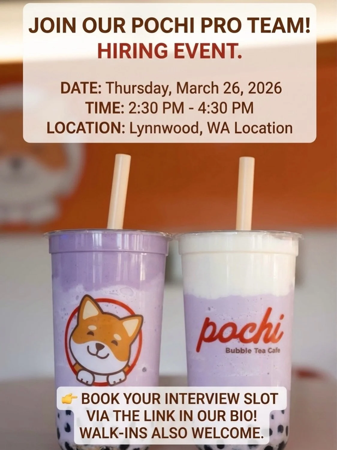🍵✨ MAJOR NEWS: We are Hiring a Spring/Summer Lynnwood Pochi Pro Team! ✨🍵

Lynnwood, get ready! We are officially opening our doors and looking for energetic, team-oriented people to join our fast-paced bubble tea squad in Lynnwood. 🧋 

This isn&rs
