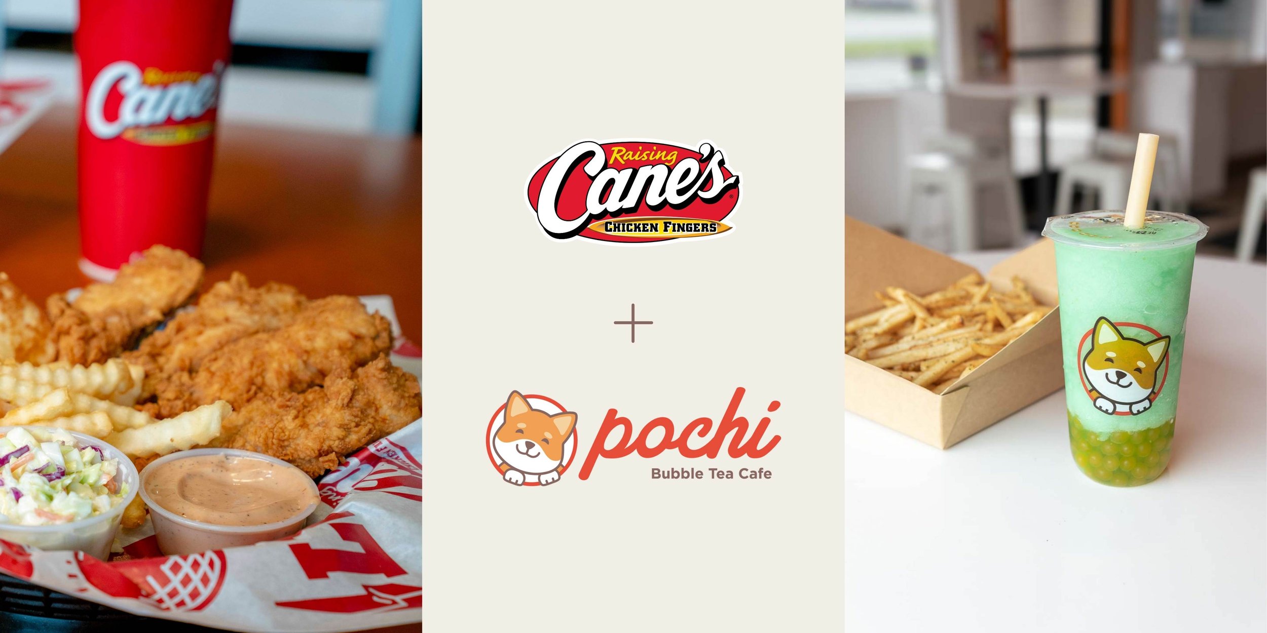 3 photo banner of raising canes food, raising cane and pochi logo, and pochi bubble tea drink