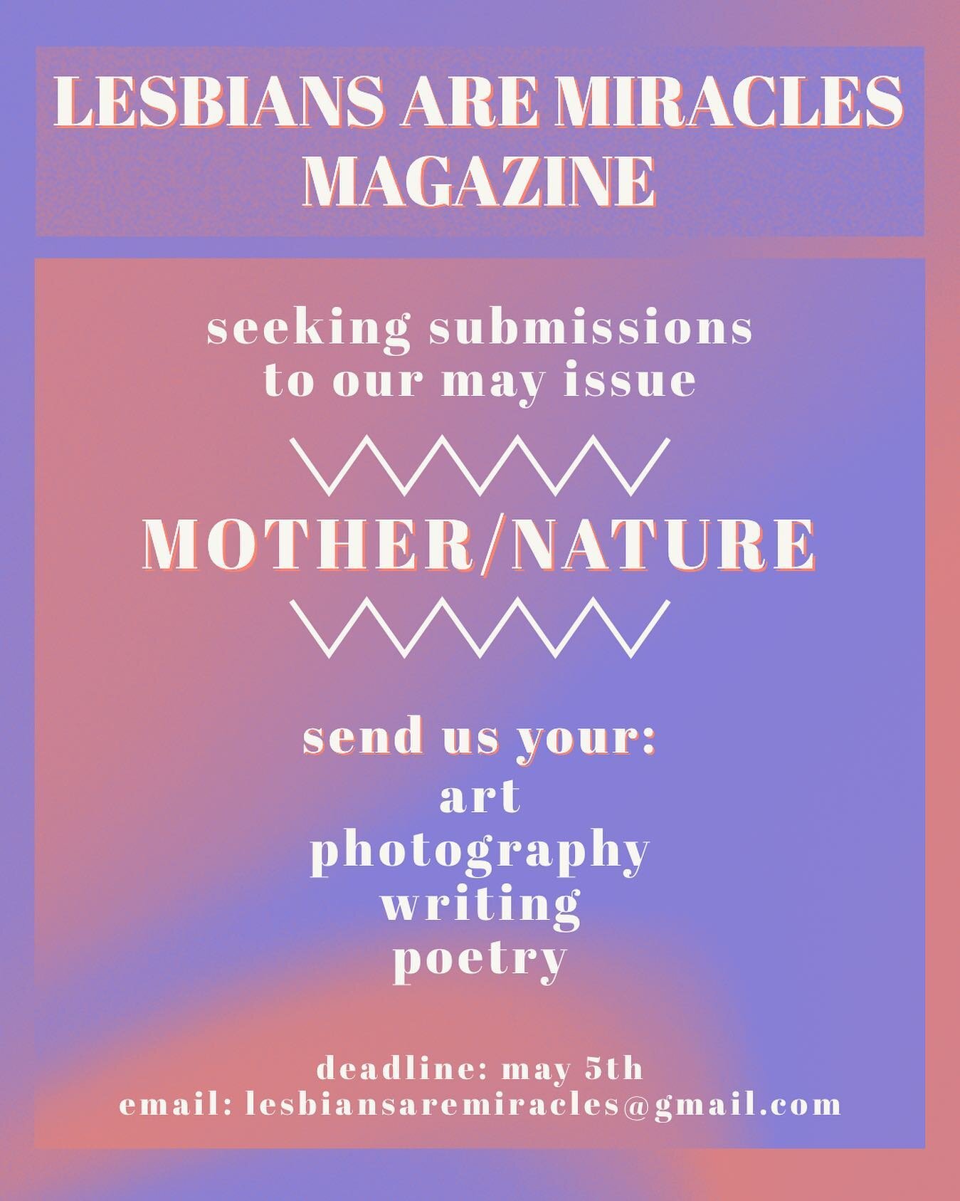 icymi, submissions to our may issue are open and ready to receive your gorgeous work // visit our submission guidelines at lesbiansaremiracles.com and dm or email with any questions! deadline may 5th. //

#lesbiansaremiracles #lesbianpodcast #lesbian