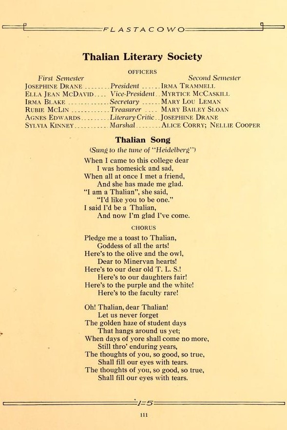 Thalian Literary Society Officers & Song 1915
