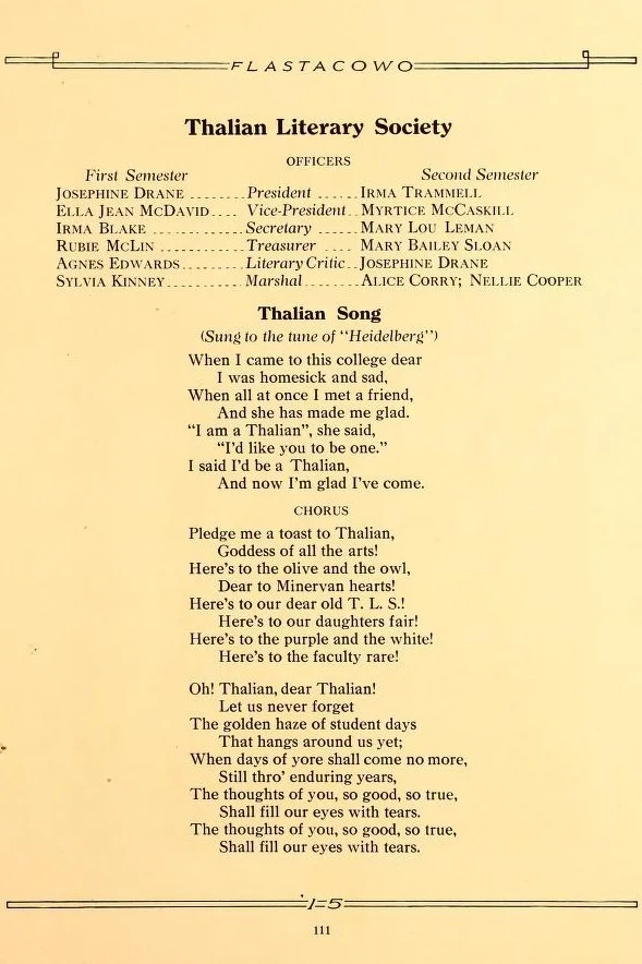 Thalian Literary Society Officers & Song 1915