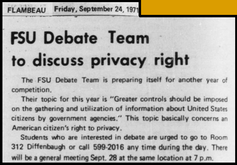 "FSU Debate Team to discuss privacy right"