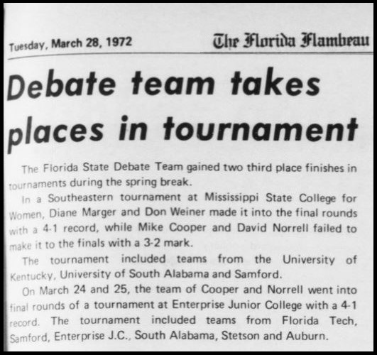 "Debate team takes places in tournament"