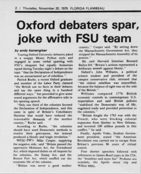 "Oxford debaters spar, joke with FSU team"
