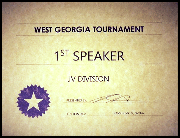 2016 First Place JV Speaker West Georgia Tournament