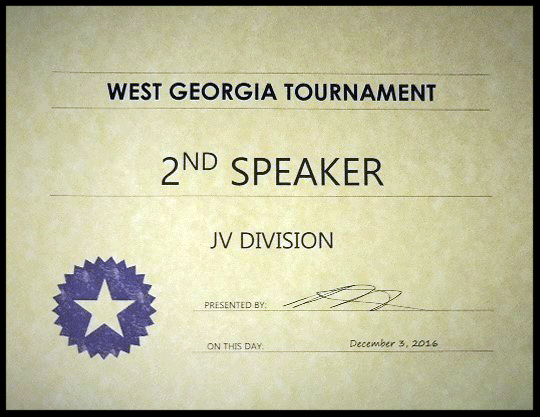 2016 Second Place JV Speaker West Georgia Tournament