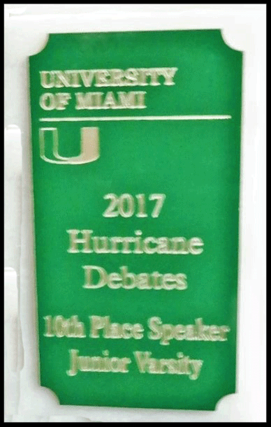 2017 Tenth Place JV Speaker University of Miami Tournament