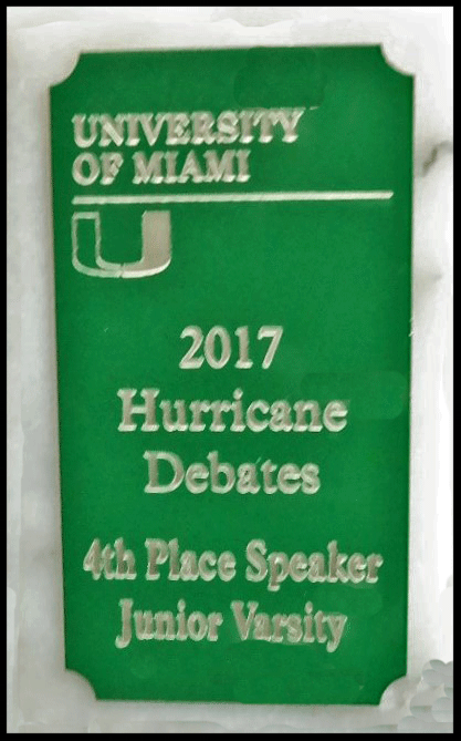 2017 Fourth Place JV Speaker University of Miami Tournament
