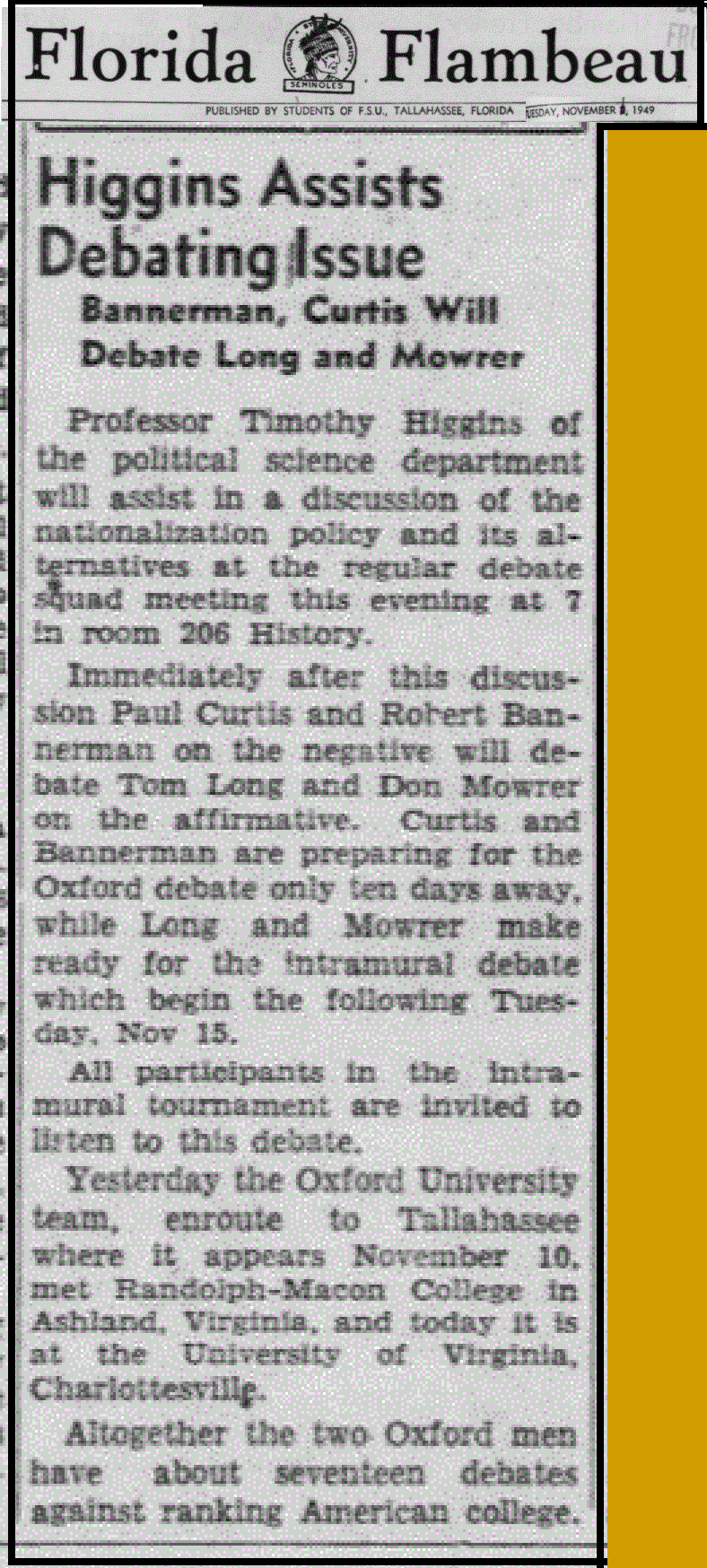 "Higgins Assists Debating Issue"