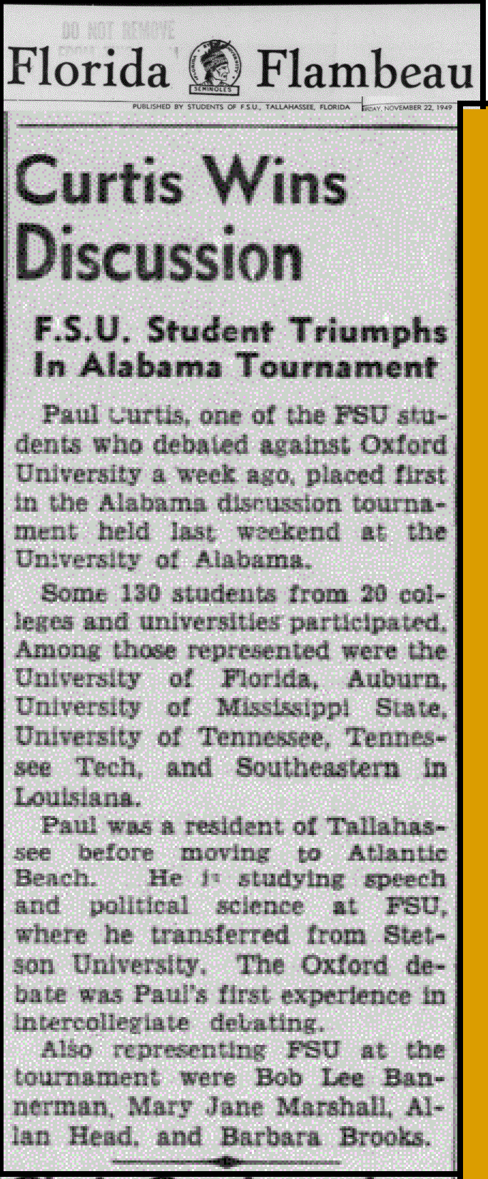 "Curtis Wins Discussion: F.S.U. Student Triumphs at Alabama Tournament"
