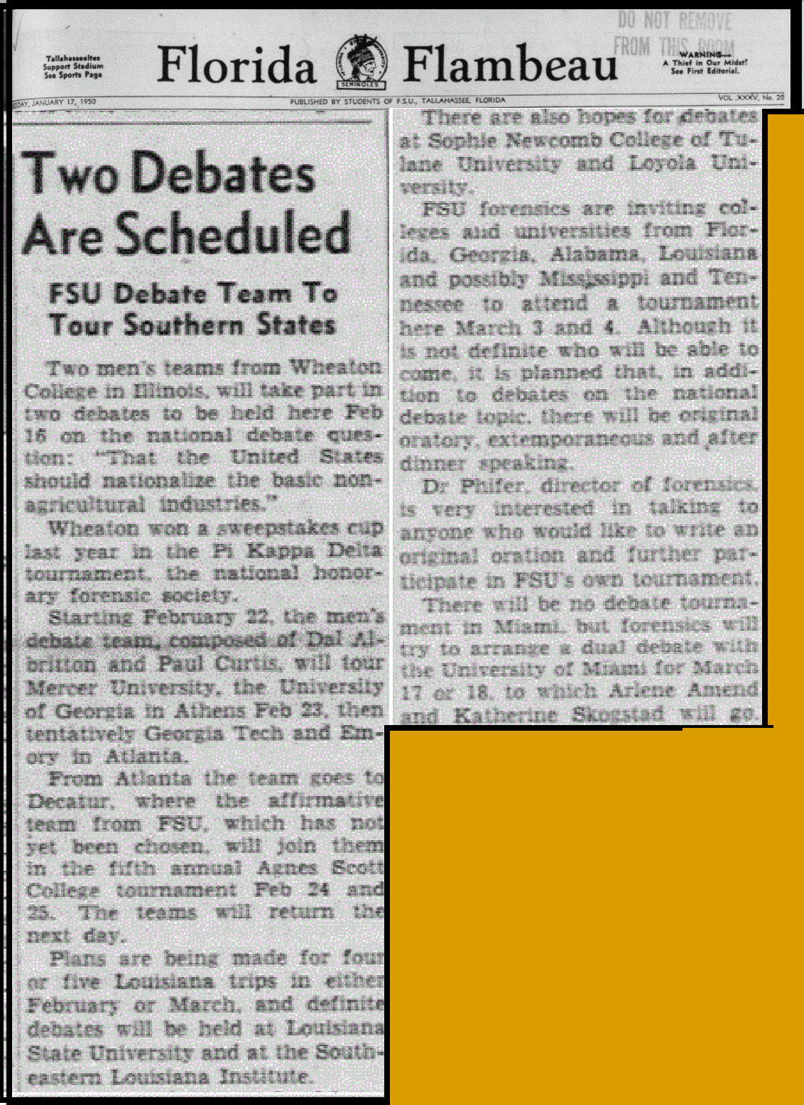 "Two Debates Are Scheduled: FSU Debate Team To Tour Southern States"