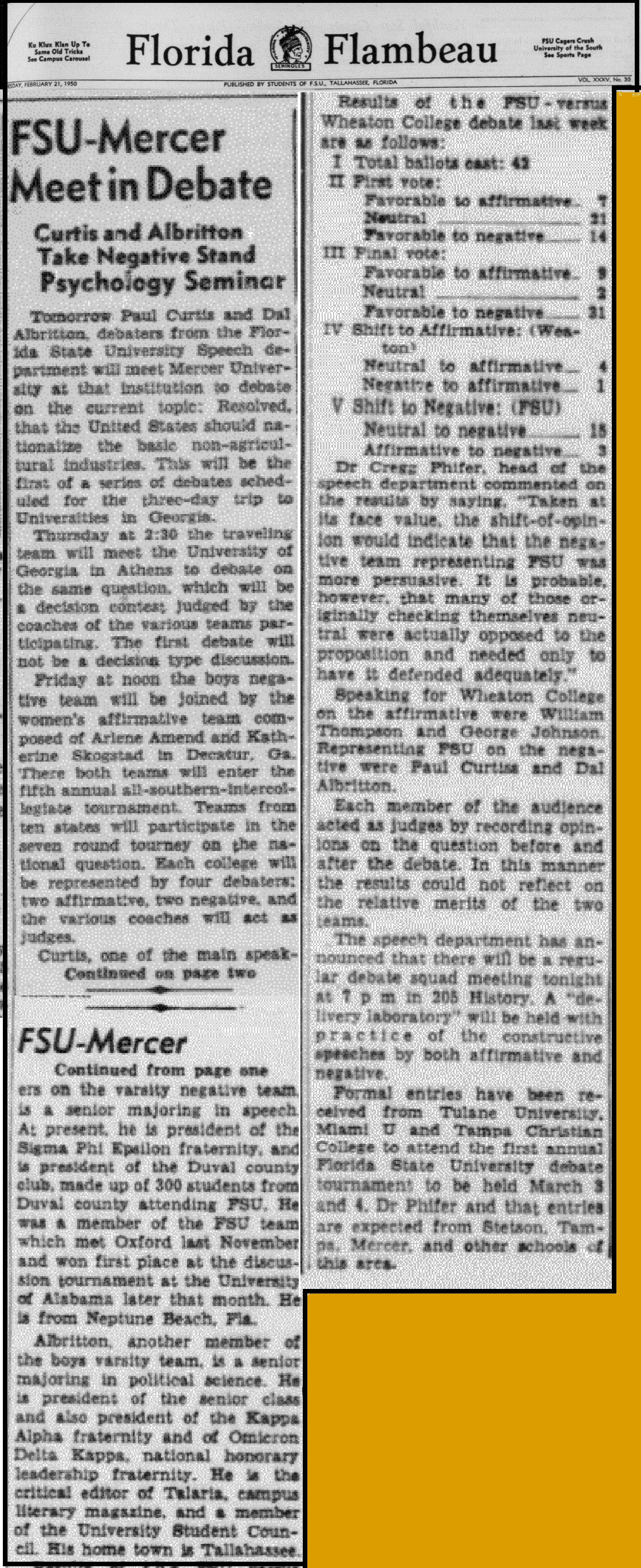 "FSU-Mercer Meet in Debate: Curtis and Albritton Take Negative Stand Psychology Seminar"