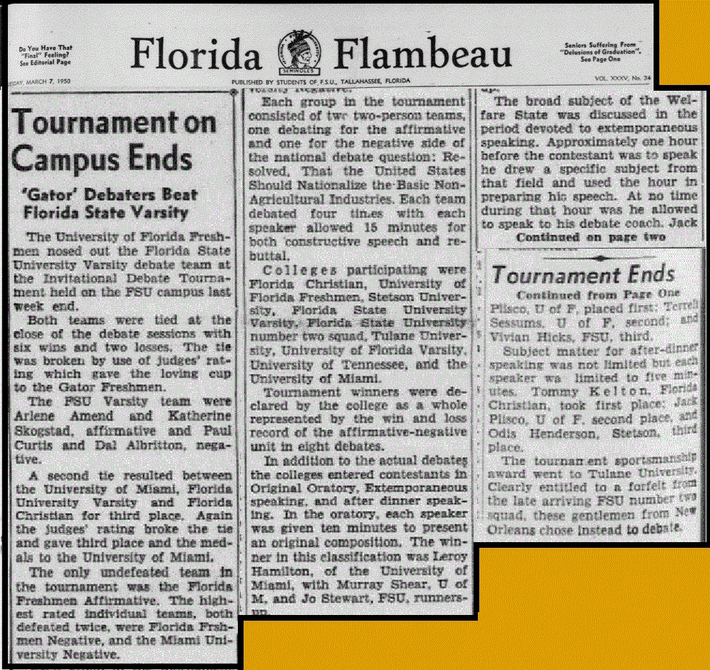 "Tournament on Campus Ends: 'Gator' Debaters Best Florida State Varsity"