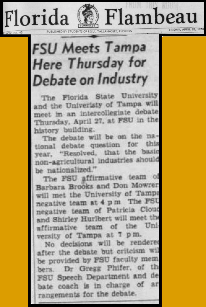 "FSU Meets Tampa Here Thursday for Debate on Industry"