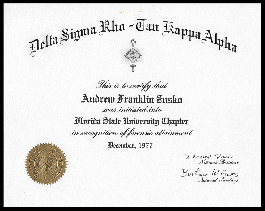Andrew Franklin Susko DSR-TKA Certificate