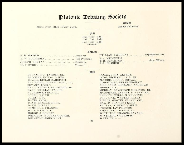 Platonic Debating Society Members 1901 - 1902