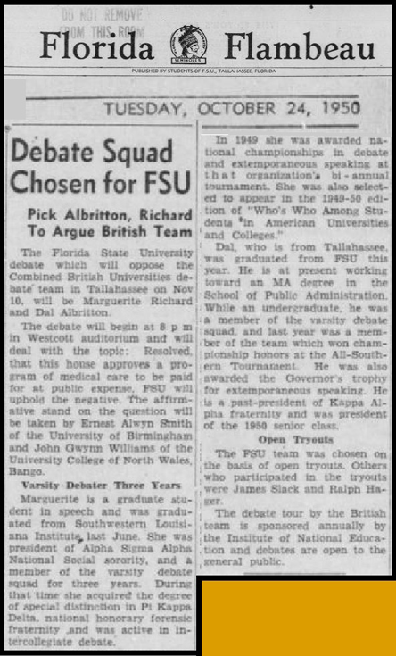 "Debate Squad Chosen for FSU: Pick Albritton, Richard To Argue British Team"