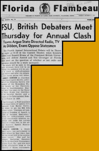 "FSU, British Debaters Meet Thursday for Annual Clash: Teams Argue State Directed Radio, TV As Dibben, Evans Oppose Statesmen"