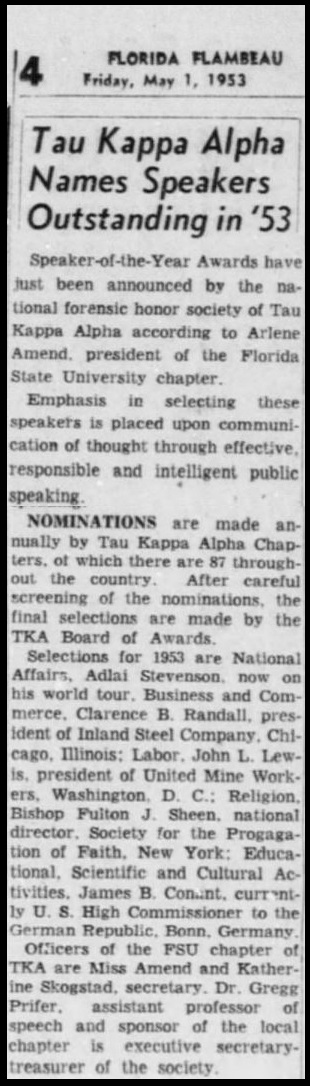 "Tau Kappa Alpha Names Speakers Outstanding in '53"