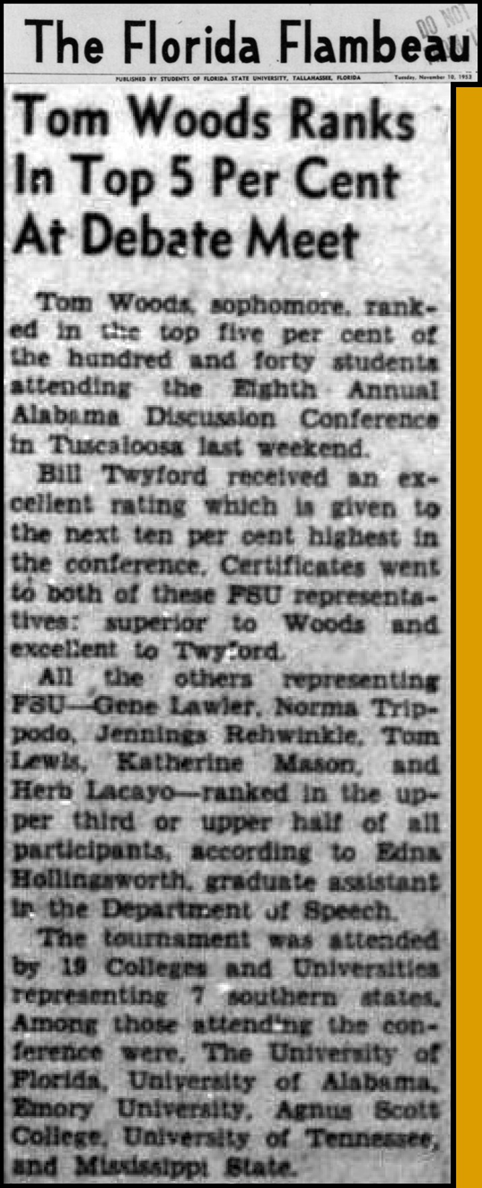 "Tom Woods Ranks In Top 5 Per Cent At Debate Meet"