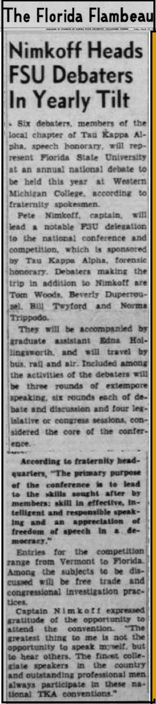 "Nimkoff Heads FSU Debaters In Yearly Tilt"