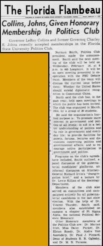 "Collins, Johns, Given Honorary Membership In Politics Club"