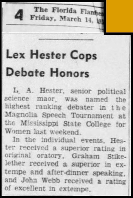 "Lex Hester Cops Debate Honors"