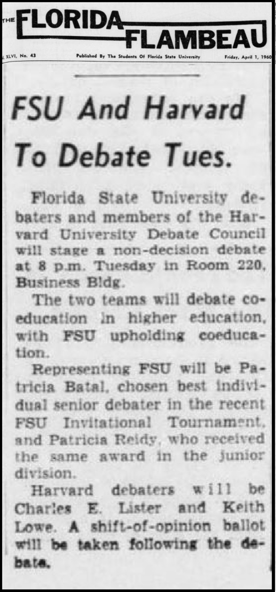 "FSU And Harvard To Debate Tues."