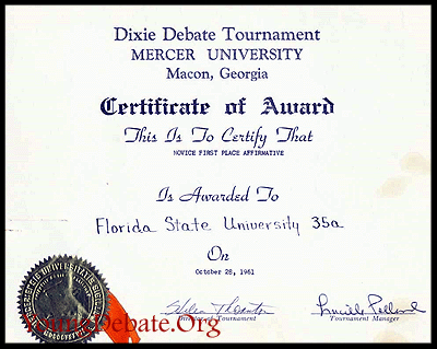 1961 First Place Novice Affirmative Team Mercer Tournament