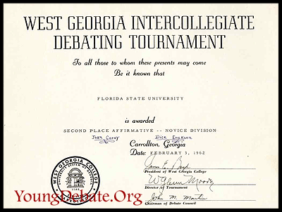 1962 Second Place Affirmative Novice Team West Georgia Tournament
