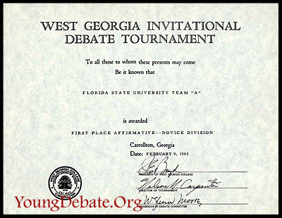 1963 First Place Affirmative Novice Team West Georgia Tournament