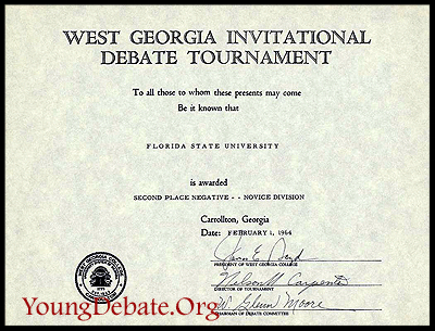 1964 Second Place Negative Novice Team West Georgia Tournament