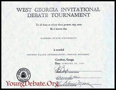 1966 Second Place Novice Affirmative Team West Georgia Tournament