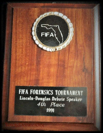1991 Fourth Place Lincoln Douglas Speaker FIFA State Championship