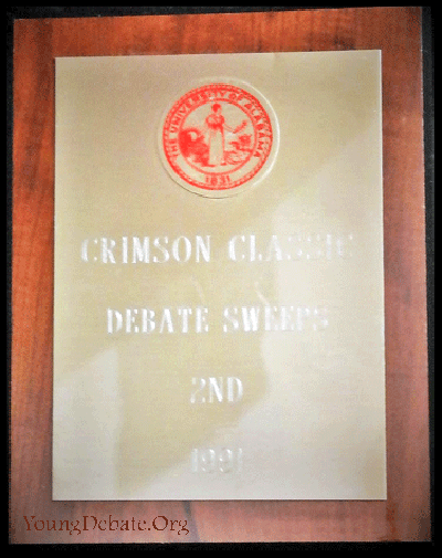 1991 Second Place Debate Sweepstakes University of Alabama Tournament