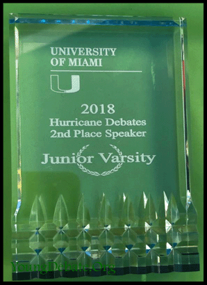 2018 Second Place JV Speaker University of Miami Tournament