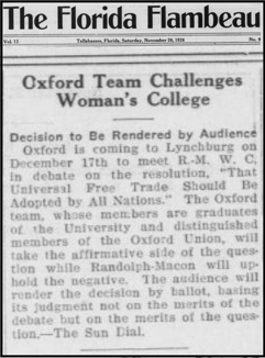  Resolved “That Universal Free Trade Should Be Adopted by All Nations.”  Florida Flambeau,&nbsp;November 20, 1926, p. 5.  Image: Florida State University Libraries 