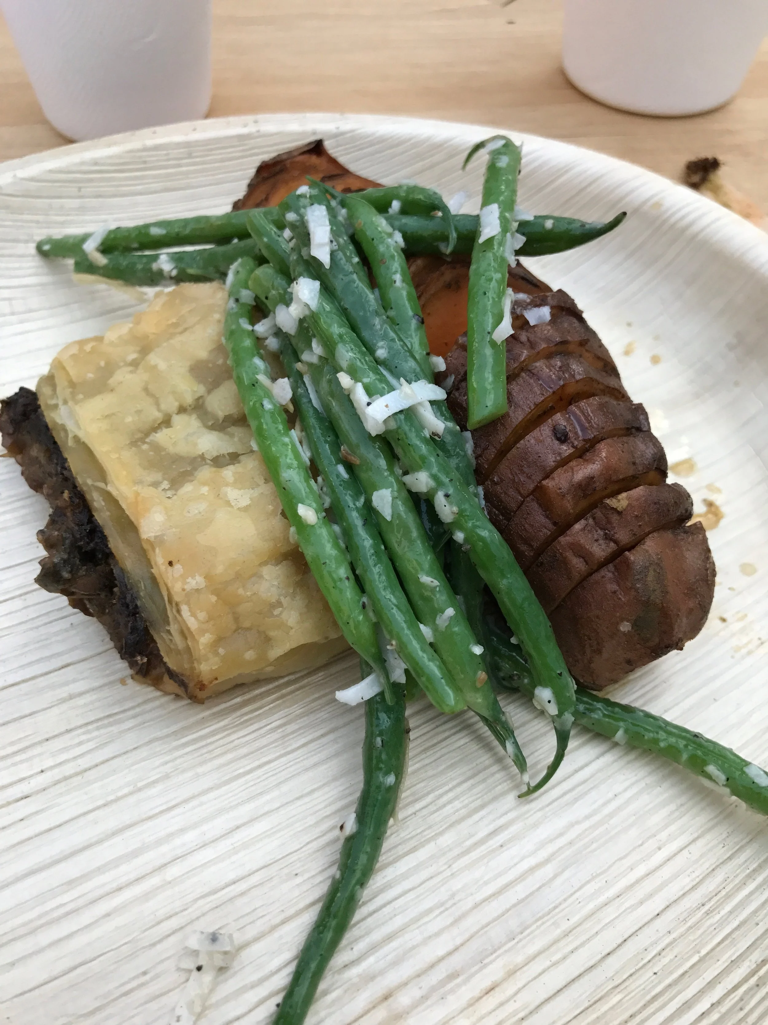Mushroom Wellington with green bean salad and Hassleback sweet potato 