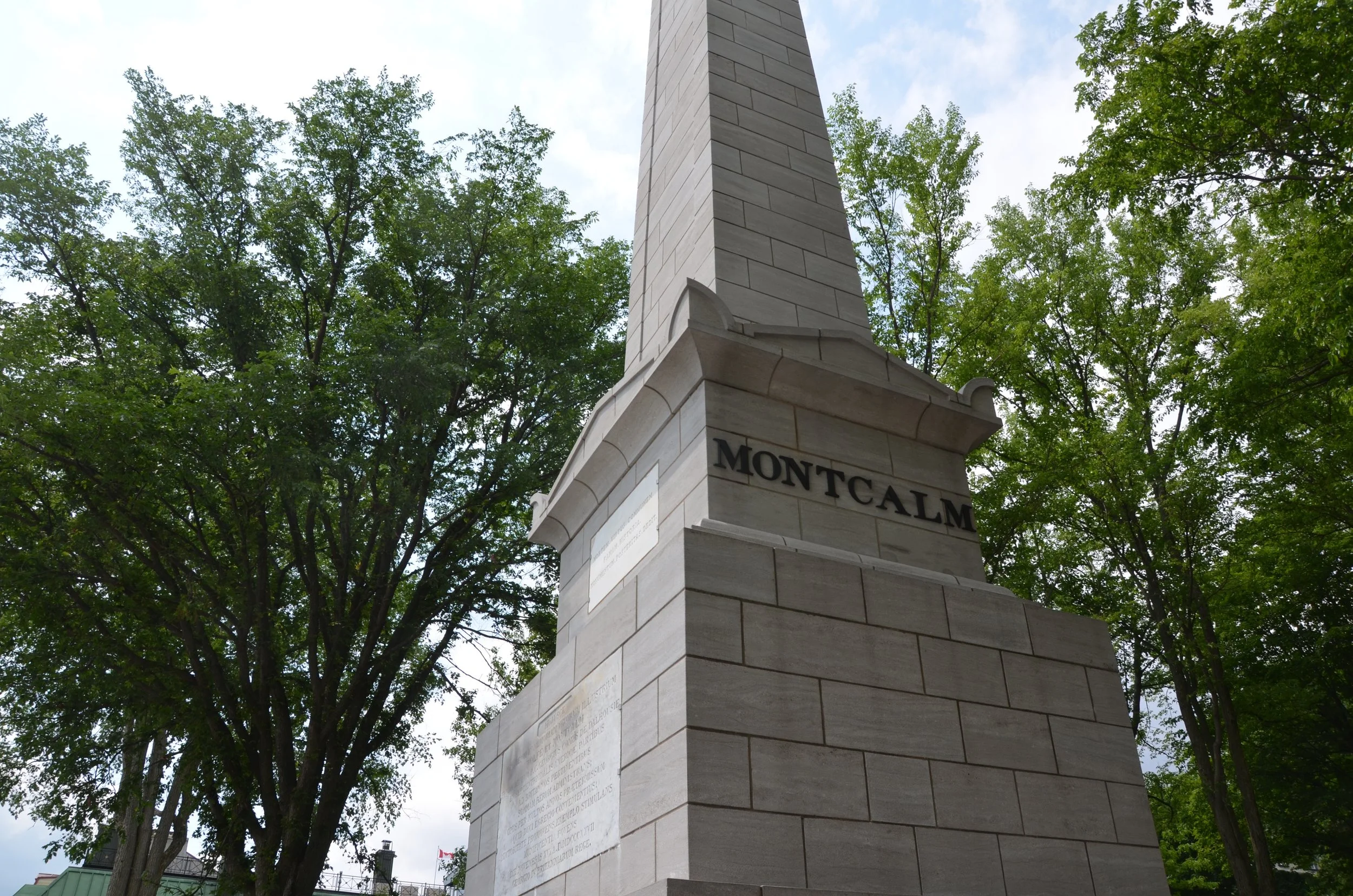 This side of the monument shows Montcalm's name. Wolfe is on the opposite side. The inscription on the front is written in Latin.