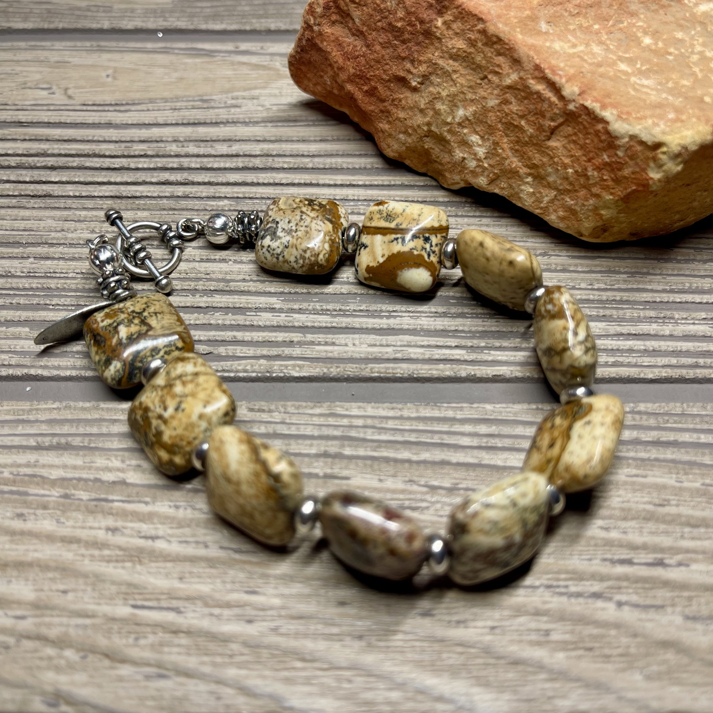 "CANYON" OOAK - Genuine Natural Smooth Picture Jasper 8 inch Grade AAA Gemstone Designer Bracelet