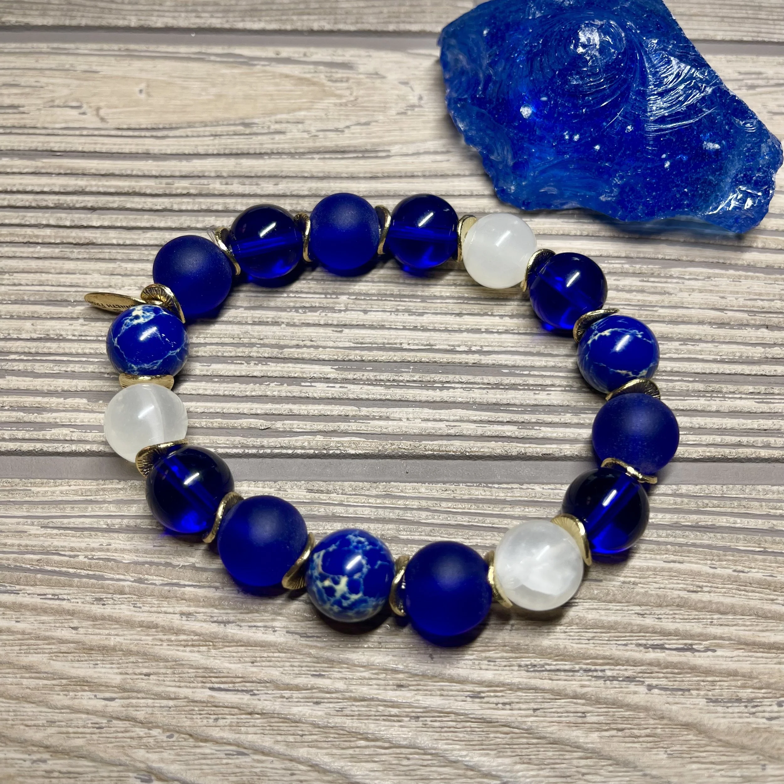 "OCEAN" UNISEX - OOAK Genuine Natural Blue Impression Jasper, White Selenite Gypsum, Frosted Sea Glass Gemstone Designer Bracelet