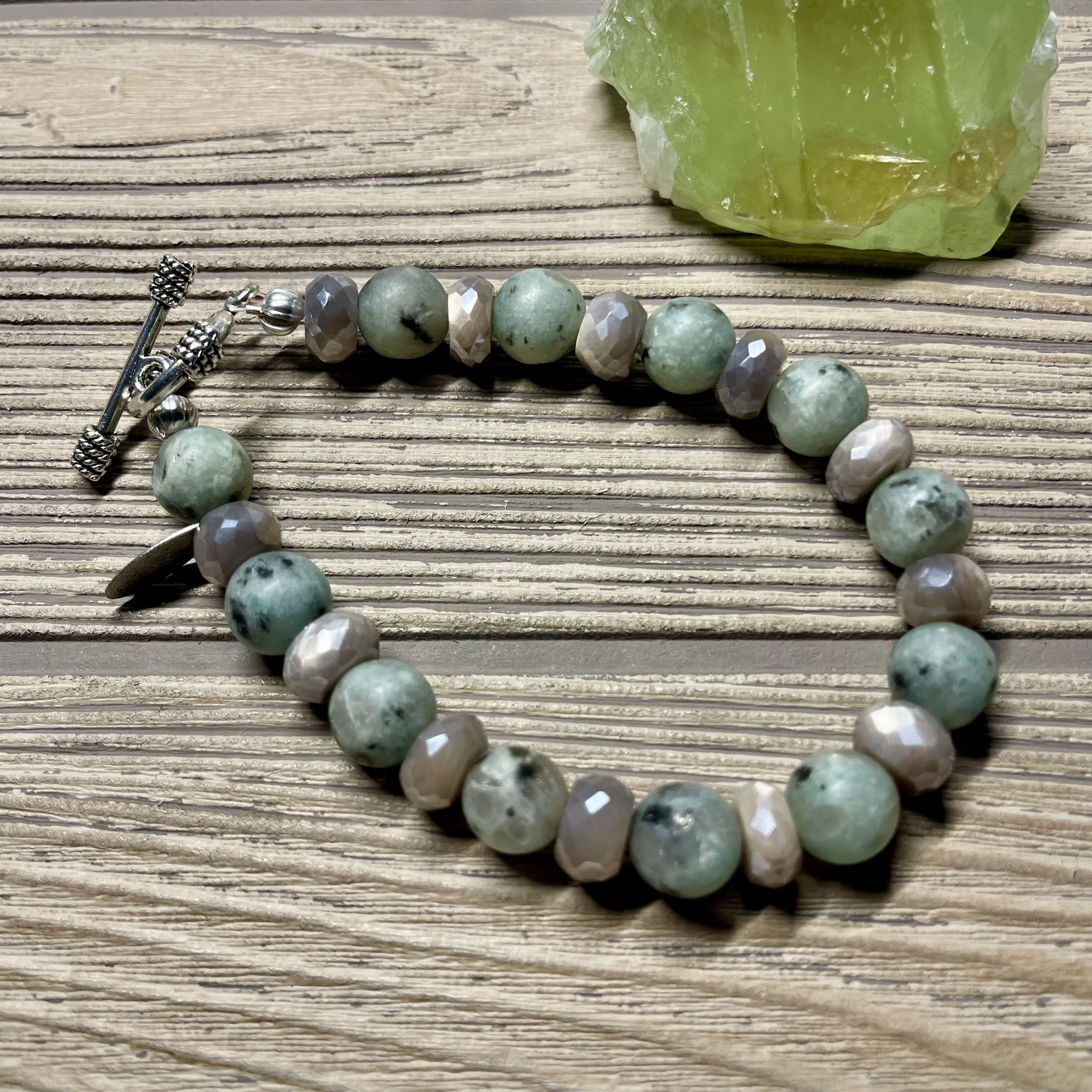"CELADON WHISPERS" OOAK - Genuine Faceted Gray Moonstone and Kiwi Jasper Grade AAA Gemstone Designer Bracelet