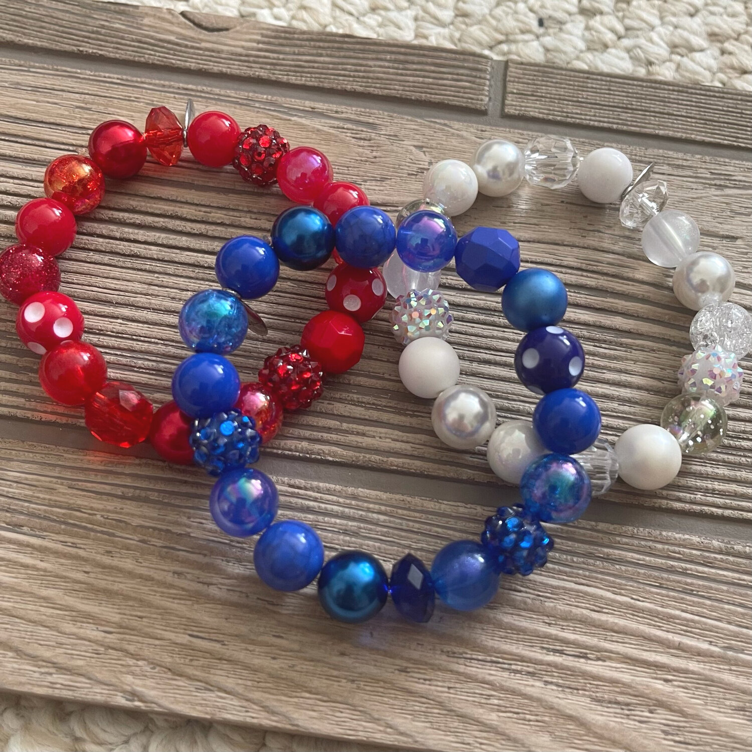 RED, WHITE AND BLUEWE LOVE YOU Mixed Bead Style Beaded Bracelet. —