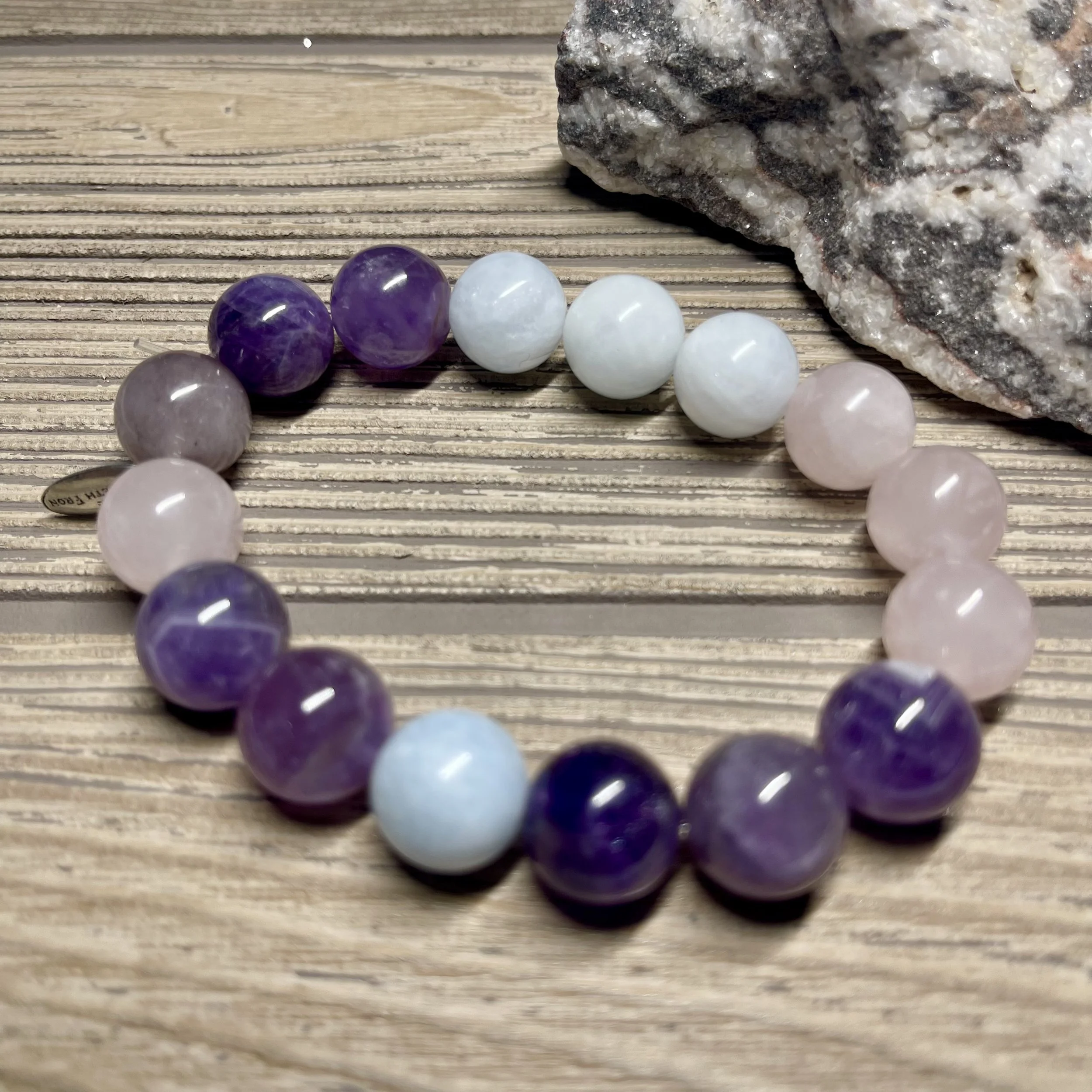 UNISEX - OOAK Natural Aquamarine, Rose Quartz and Amethyst Gemstone Designer Bracelet