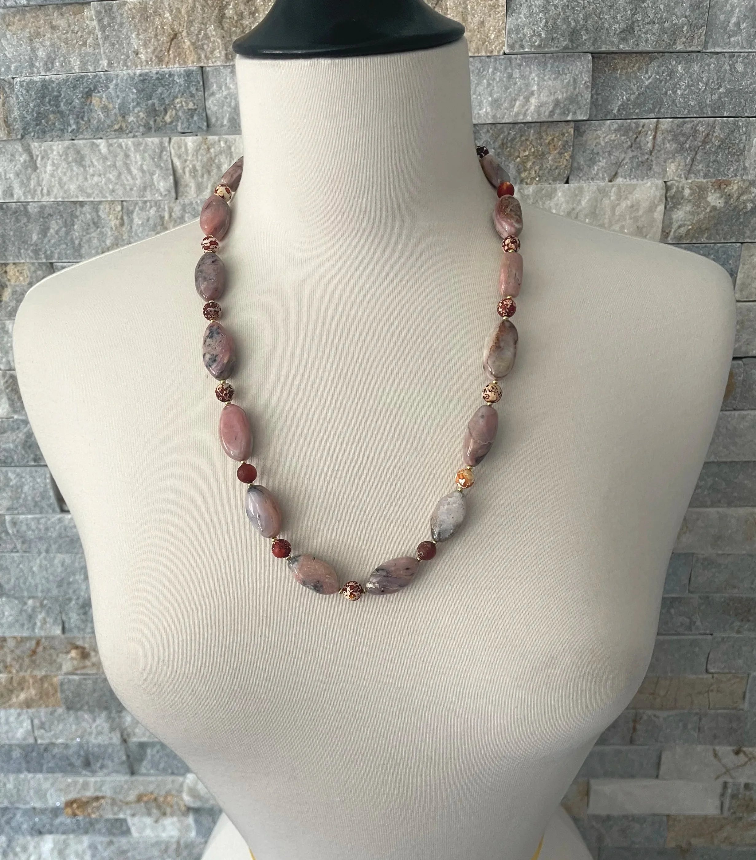 "DESERT ROSE" OOAK - Natural Pink Opal, Beige Orange & Brown Tibetan Gemstone Bead Designer Necklace